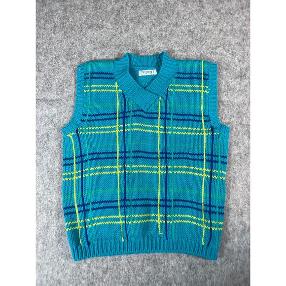 Vintage 90s Esprit Plaid Vest Sweater Womens XS Blue Knit Pullover Preppy Funky - Picture 1 of 4